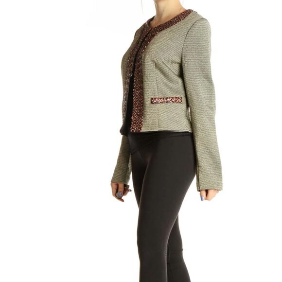 Anthropologie BEATRICE B. Gray Metallic Sequin Border Jacket M - Picture 6 of 15
